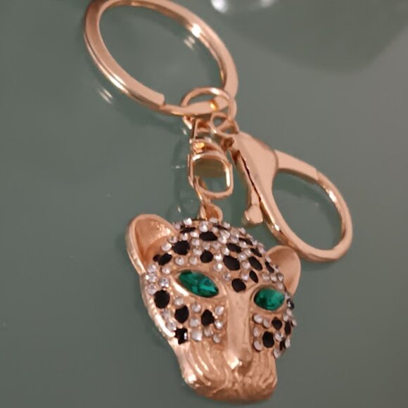 MINT Cheetah Gold Black Enamel Green & Clear Crystals Purse Charm Key Chain**NEW - Picture 7 of 7